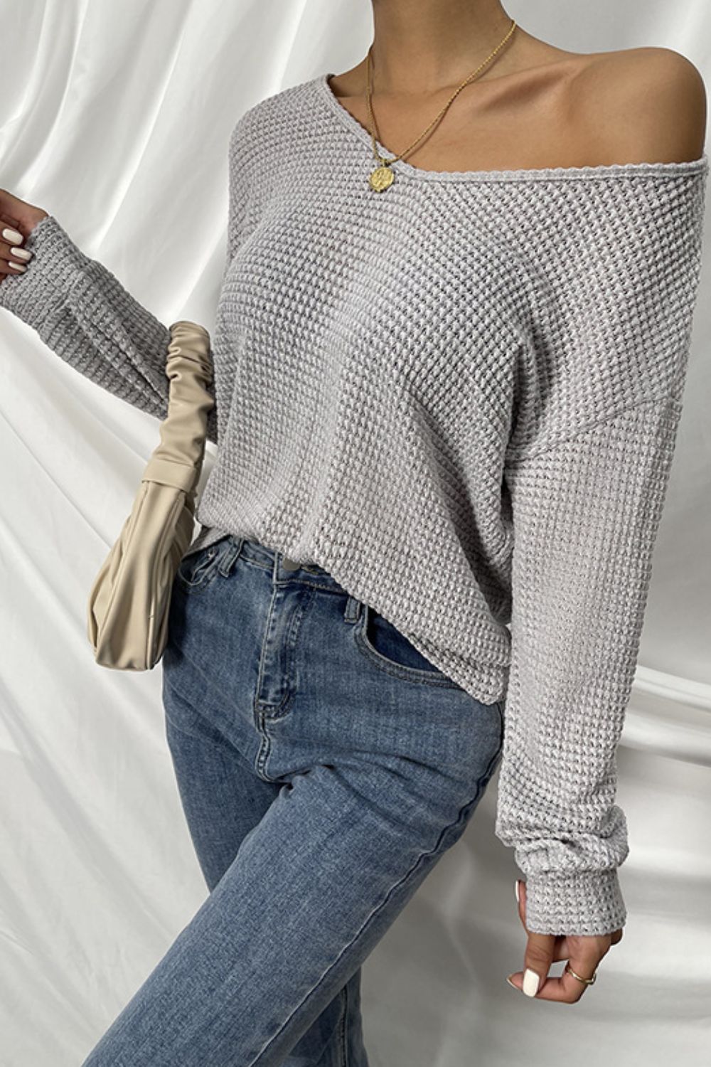 Waffle-Knit V-Neck Drop Shoulder Top
