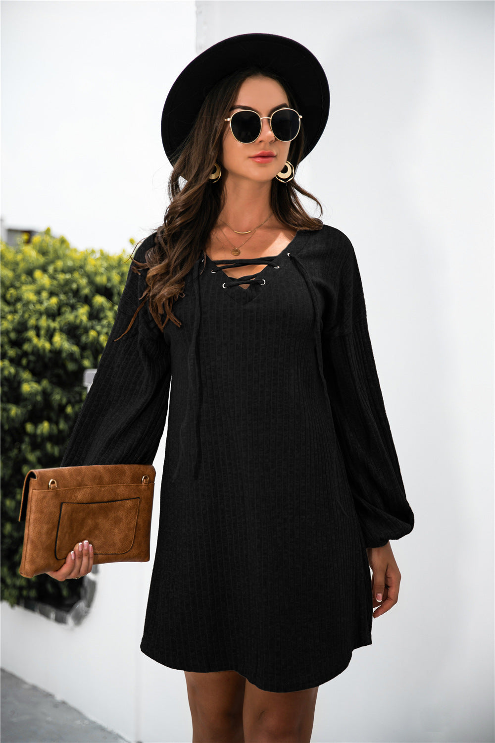 Balloon Sleeve Crisscross Detail Knit Dress - Absolute Fashion 2020