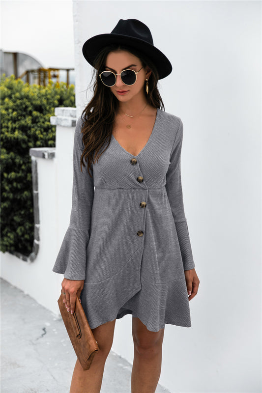 Asymmetry Ruffle Hem Button Dress - Absolute Fashion 2020