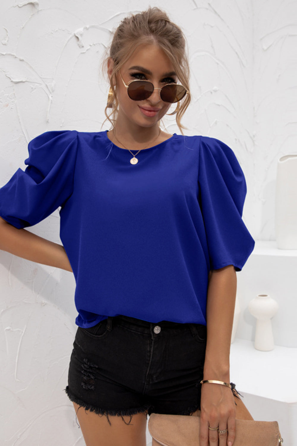 Puff Sleeve Round Neck Chiffon Top - Absolute Fashion 2020