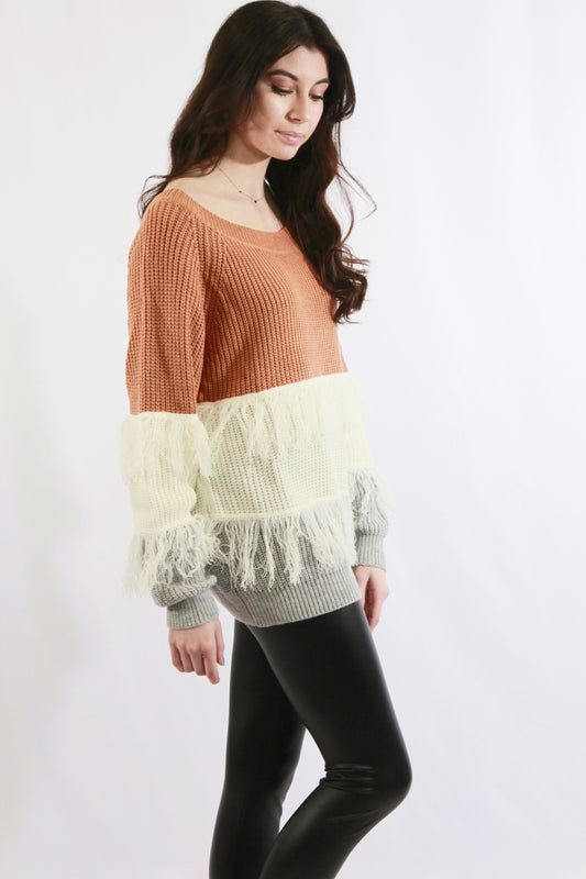 Fringe Detail Color Block Sweater
