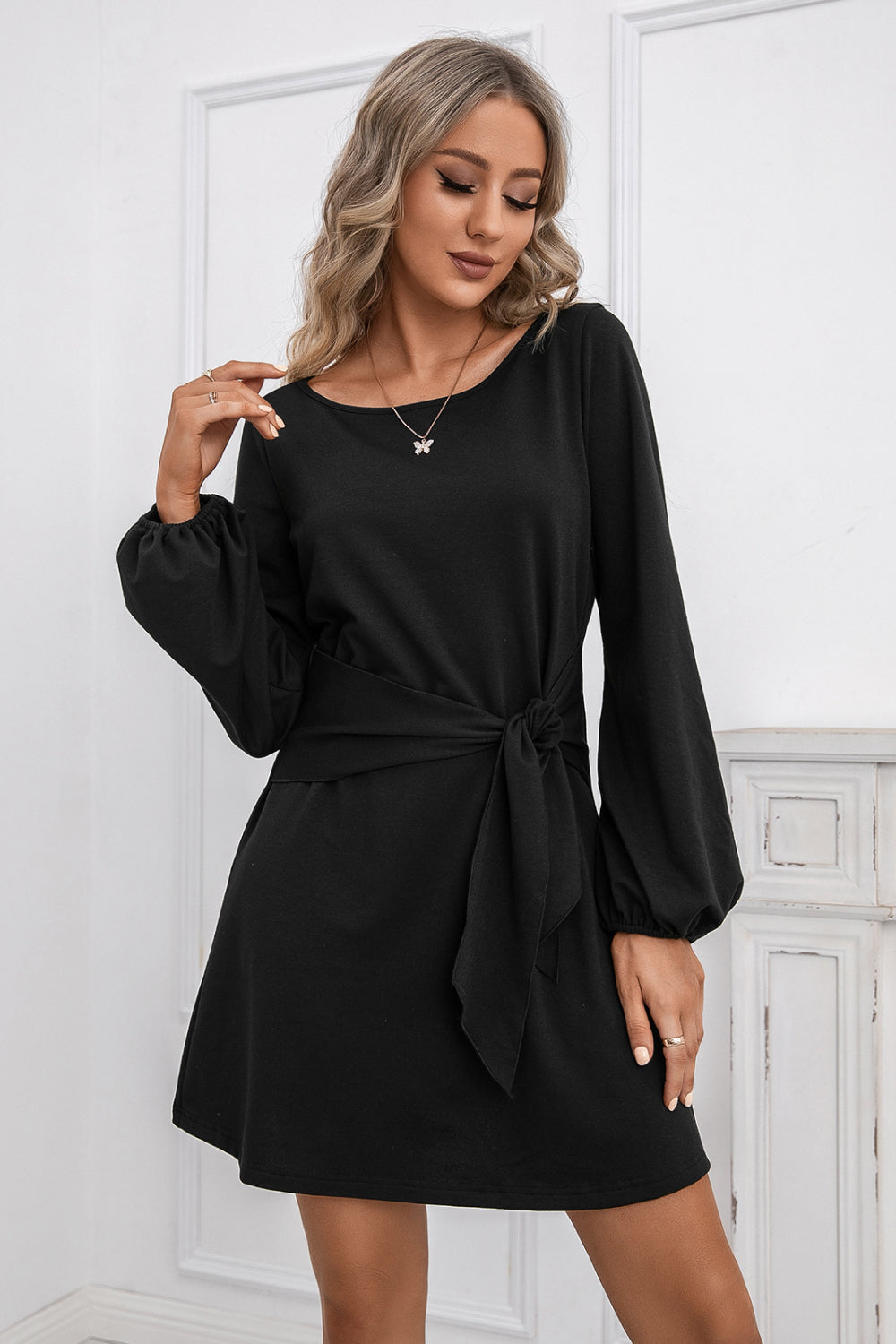 Balloon Sleeve Knot Waist Dress - Absolute Fashion 2020