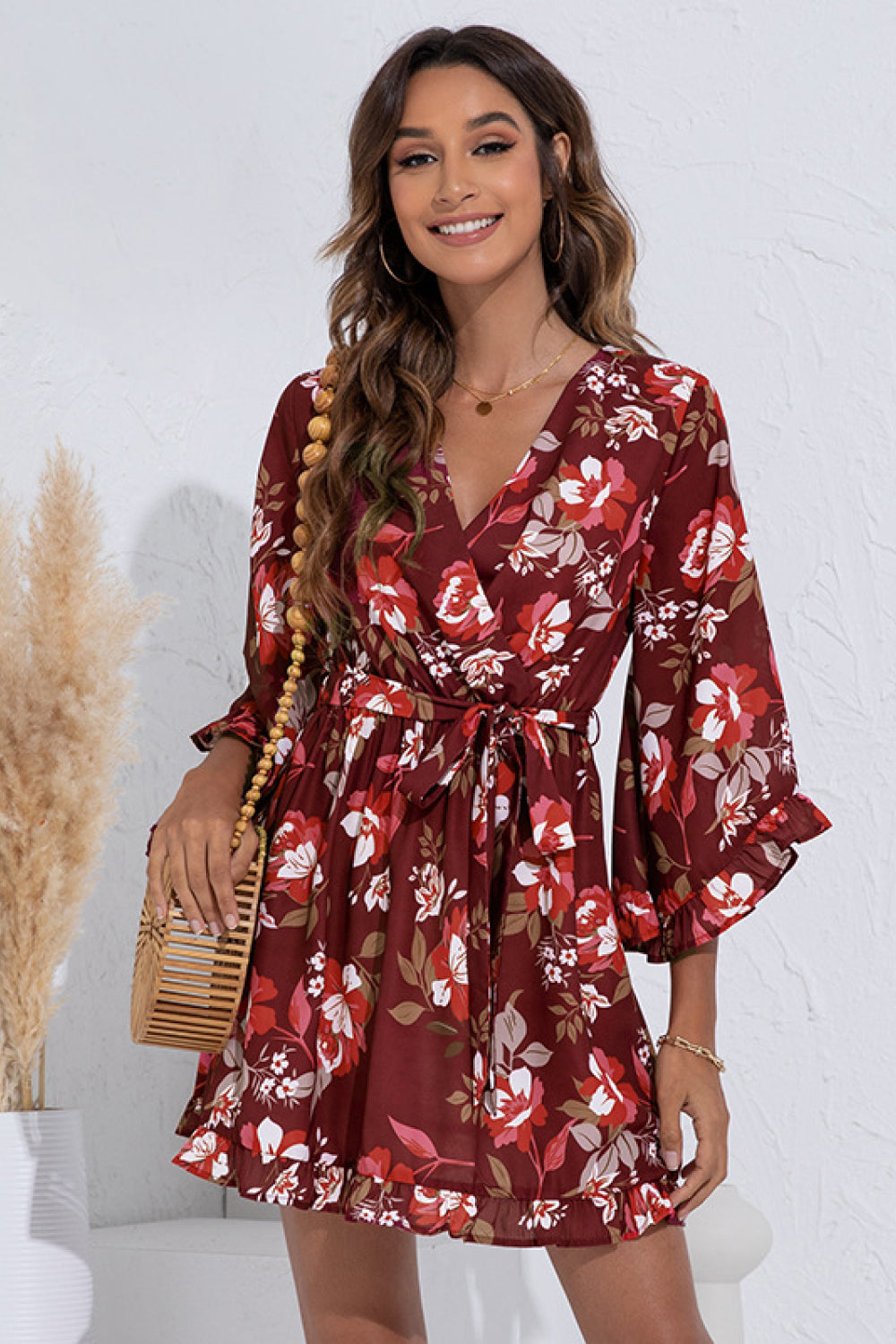 Floral V-Neck Belted Wrap Front Dress - Absolute Fashion 2020