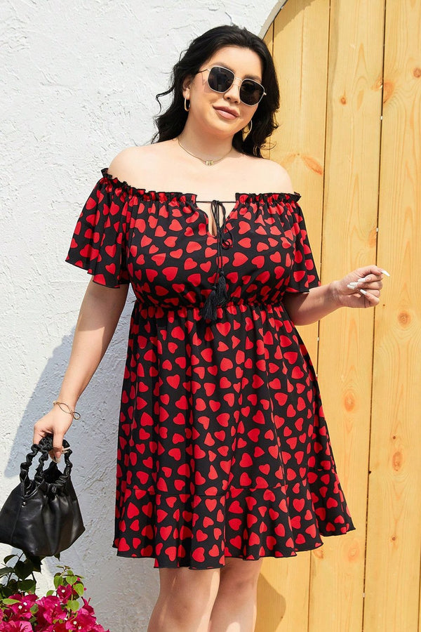 Plus Size Heart Print Off-Shoulder Tied Dress - Absolute fashion 2020