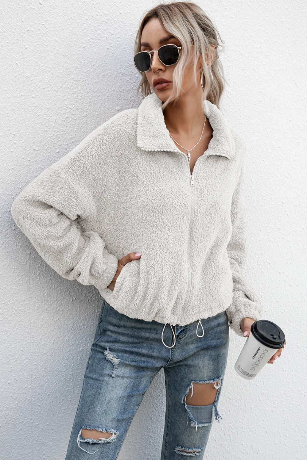 Drawstring Hem Zip Up Teddy Jacket - Absolute Fashion 2020