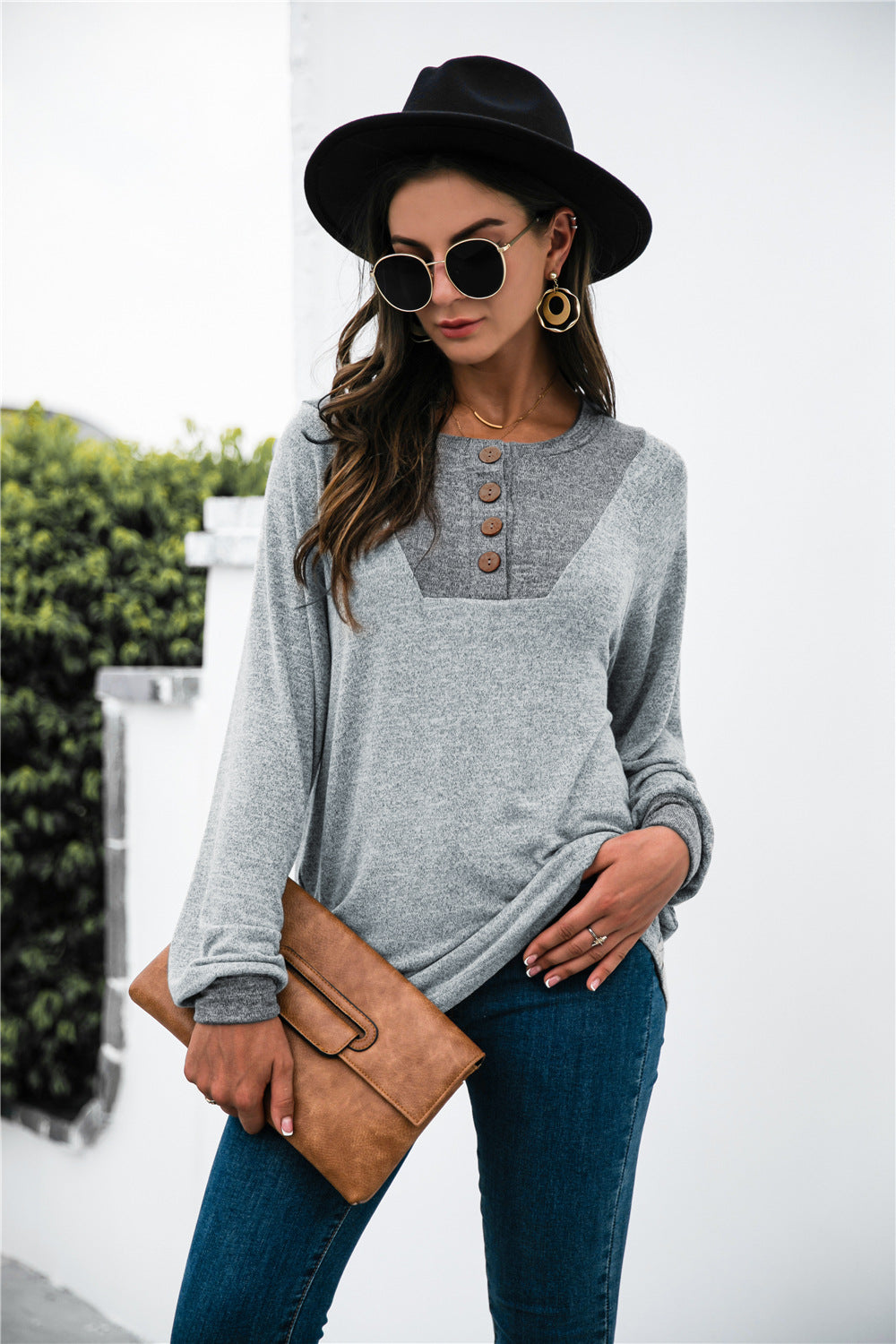 Two-tone Patch Button up Knit Top - Absolute Fashion 2020