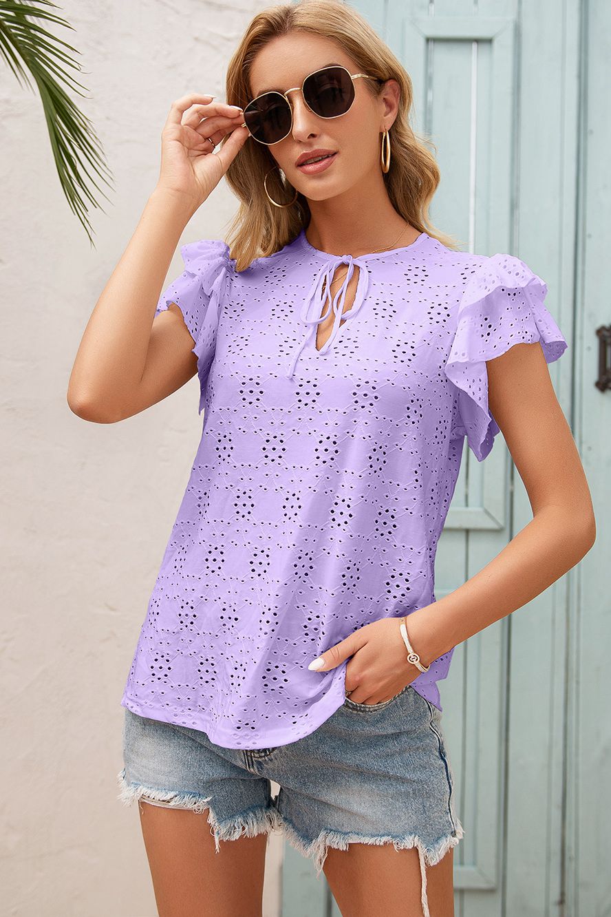 Eyelet Embroidery Tie-Neck Top - Absolute Fashion 2020