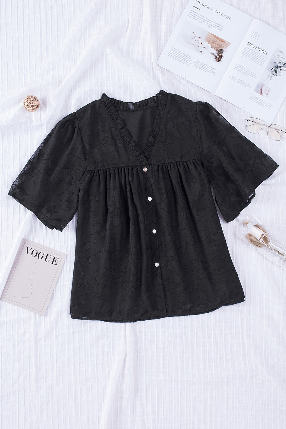 Applique Frill Trim V-Neck Blouse