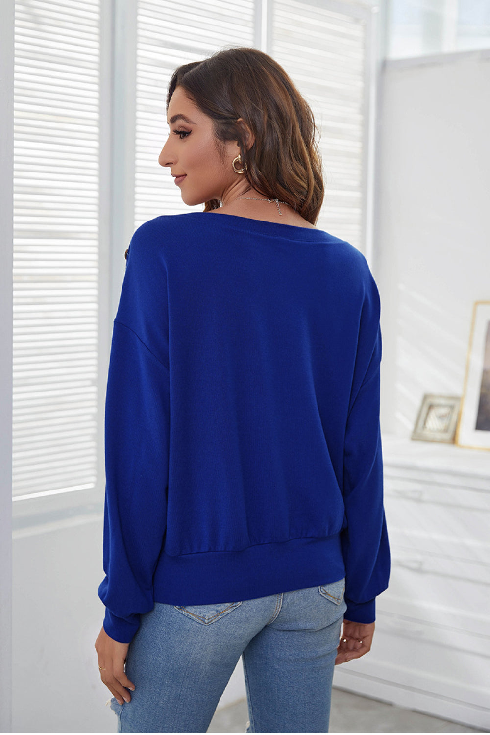 Decorative Buttons Off Shoulder Pullover