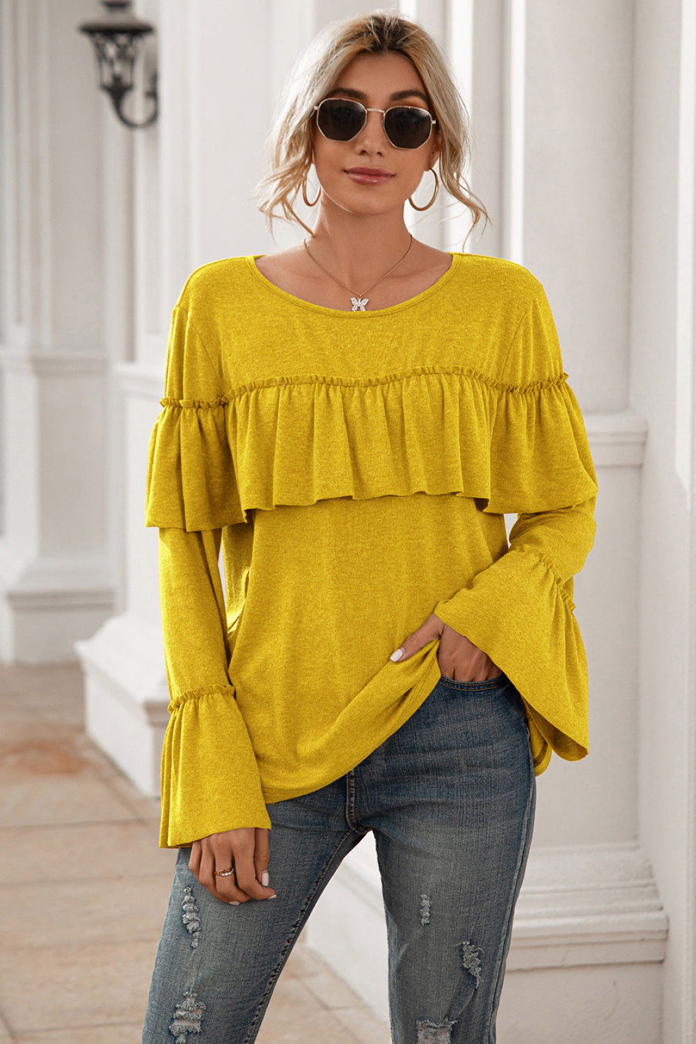 Flounce Sleeve Ruffle Trim Top - Absolute Fashion 2020
