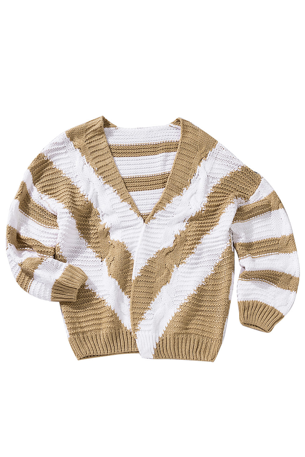 Two-Tone Striped Open Front Ribbed Trim Cardigan