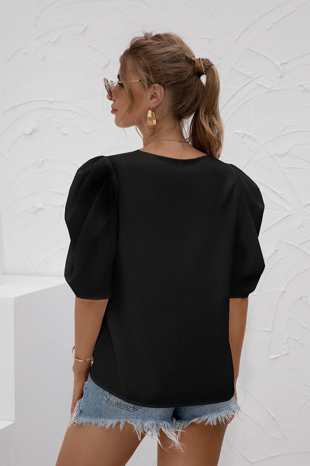 Puff Sleeve Round Neck Chiffon Top - Absolute Fashion 2020