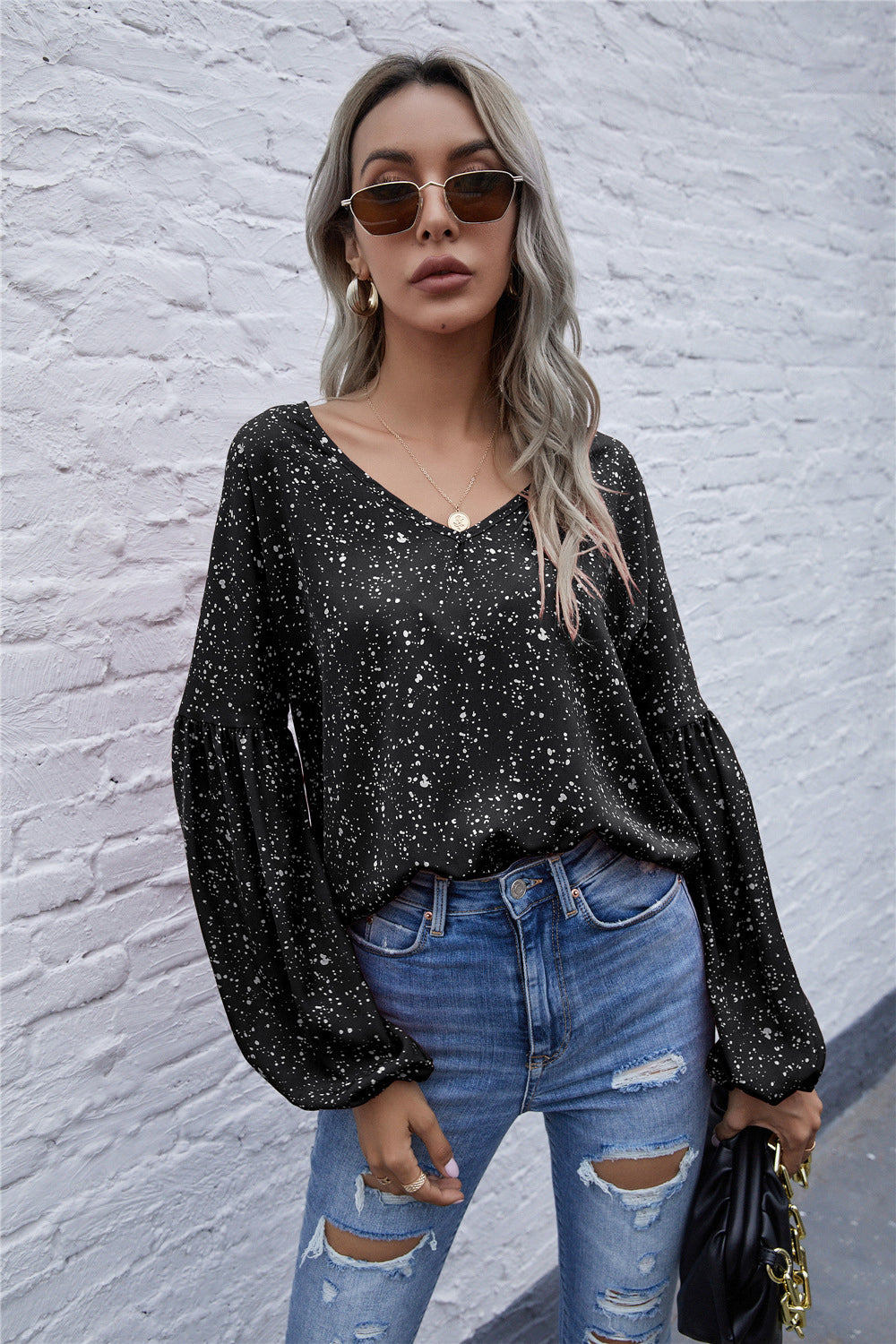 Dot Print Balloon Sleeve Blouse - Absolute Fashion 2020