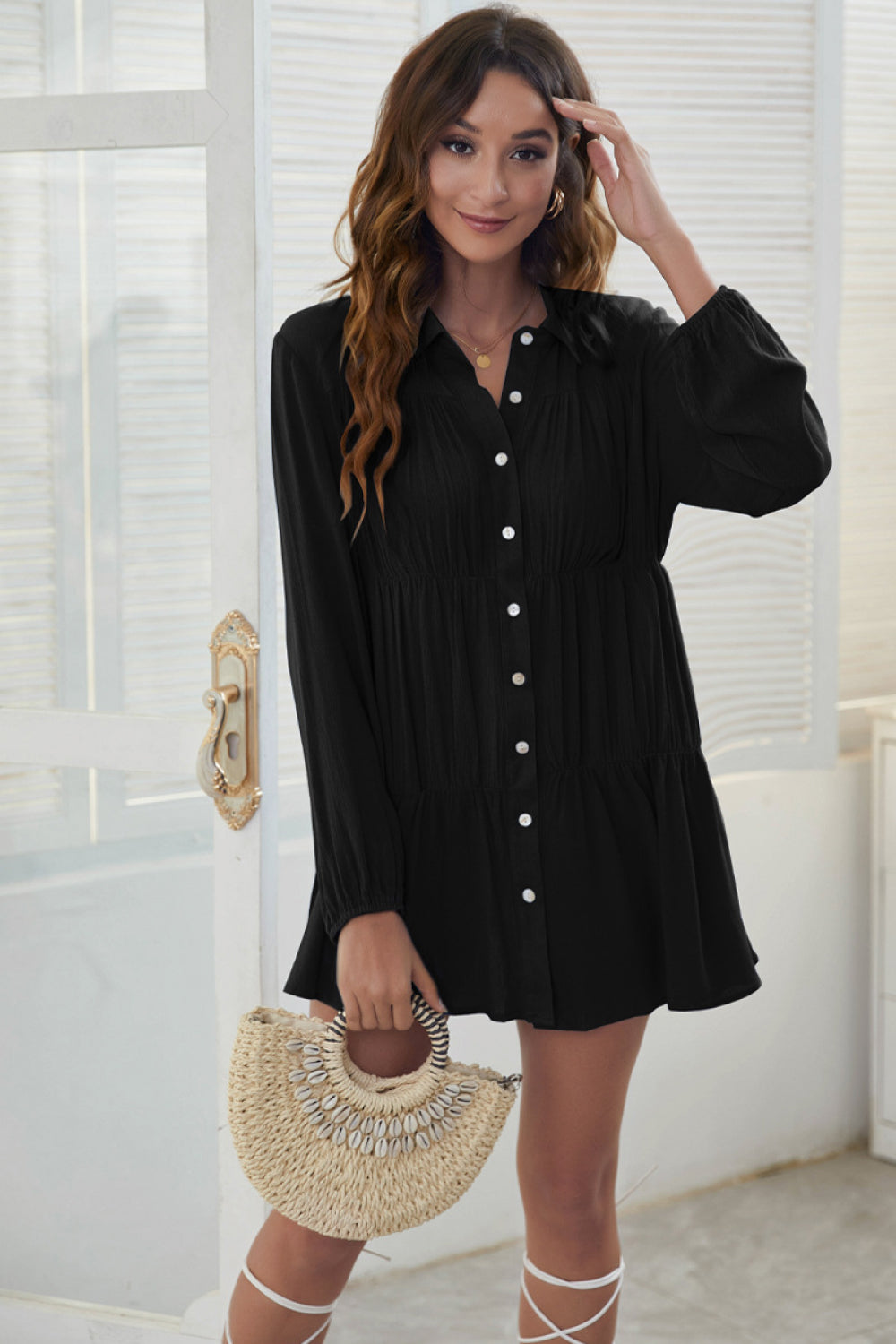 Buttoned Turn-Down Collar Shirt Dress