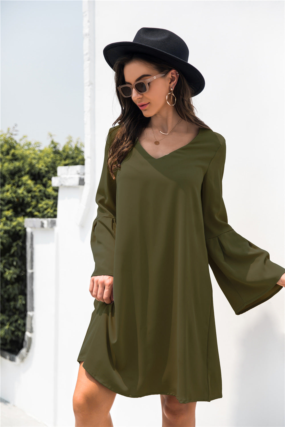 Trumpet Sleeve V Neck Dress - Absolute Fashion 2020