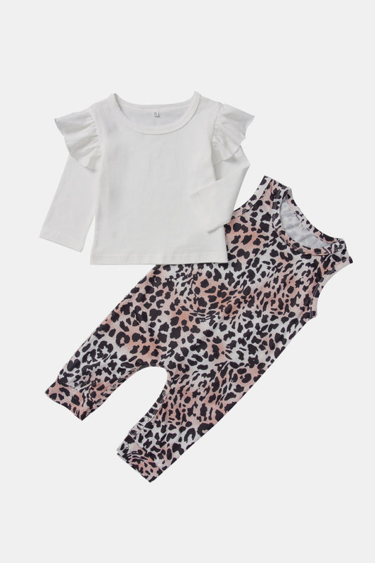 Baby Ruffle Sleeve T-Shirts and Leopard Jumpsuit Set