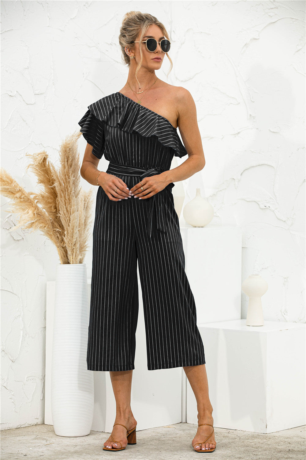 Asymmetric Neck Ruffle Trim Striped Jumpsuit - Absolute Fashion 2020
