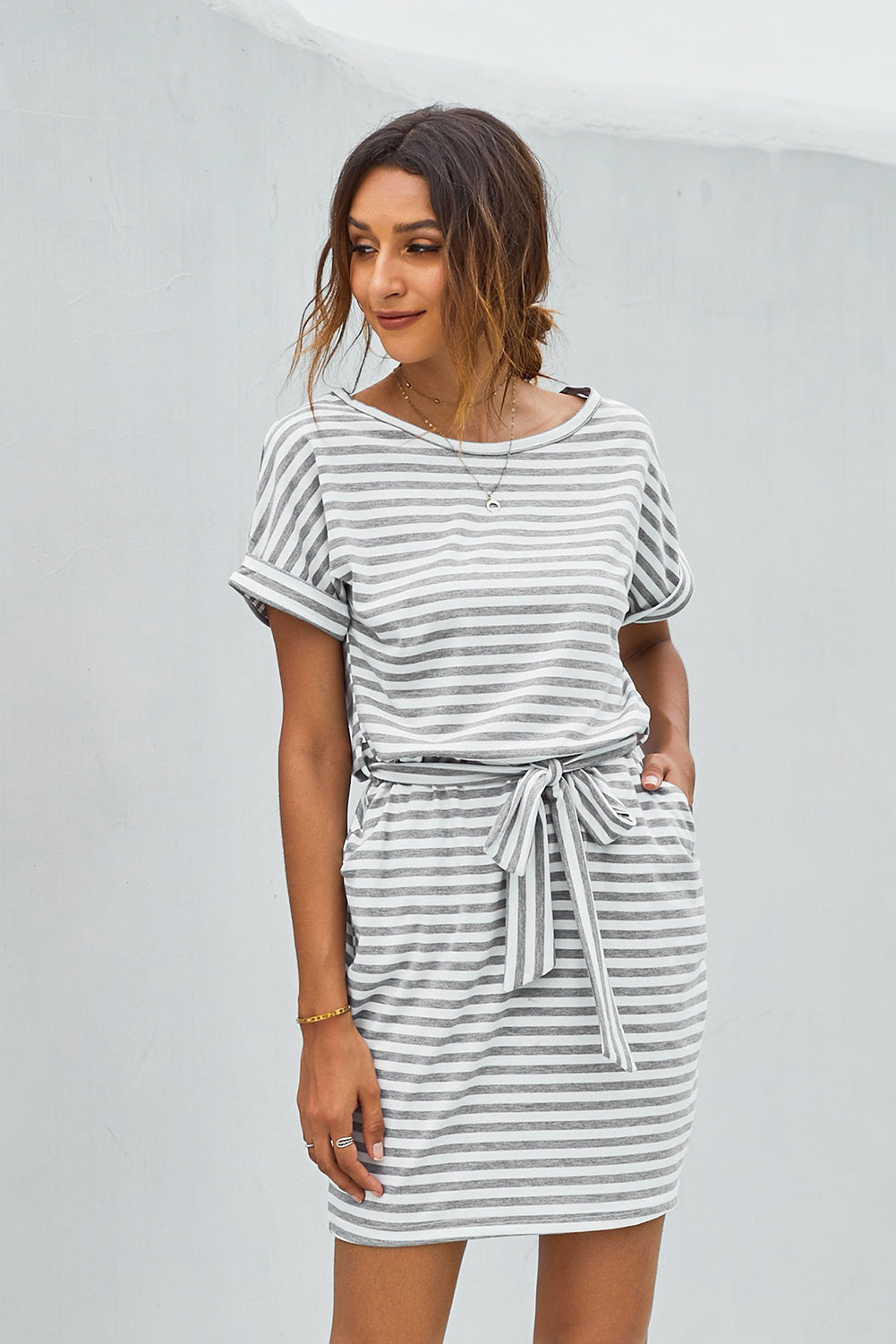Stripes Pocketed T-shirt Dress with Belt - Absolute Fashion 2020