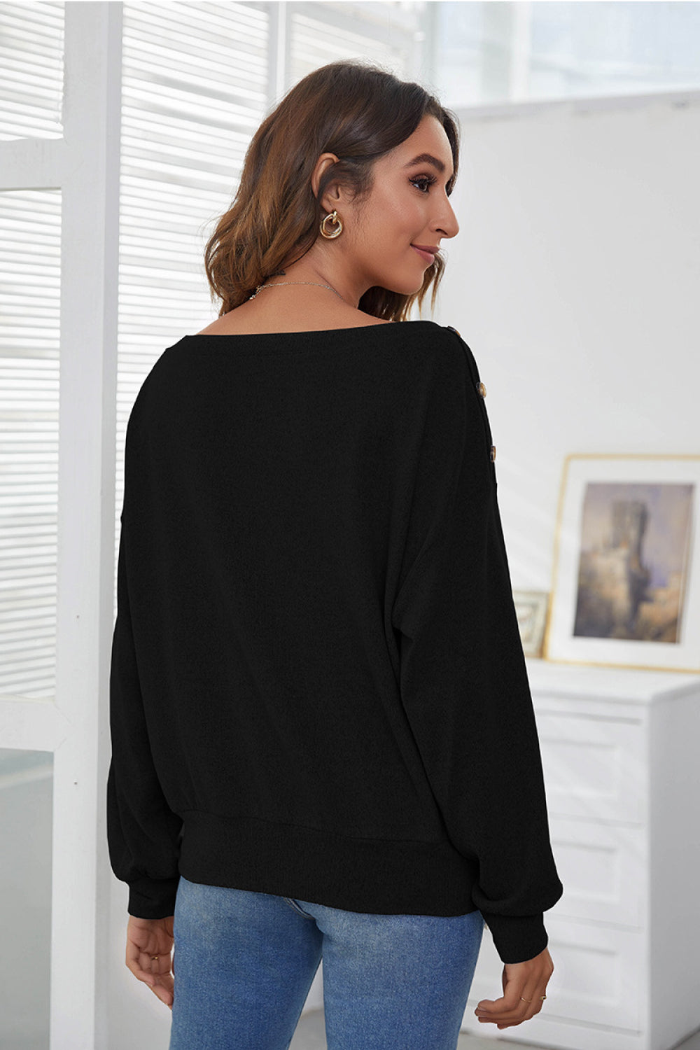 Decorative Buttons Off Shoulder Pullover