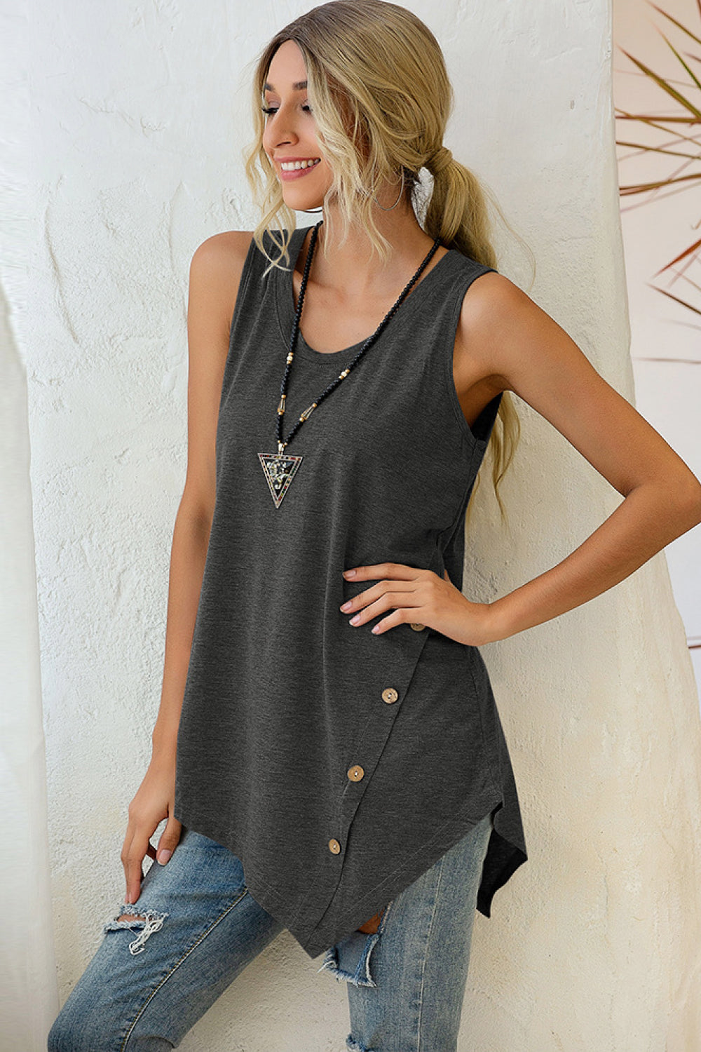 Sleeveless Asymmetrical Buttoned Hem Top - Absolute Fashion 2020