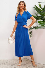 Pleated Surplice Short Sleeve Midi Dress - Absolute fashion 2020