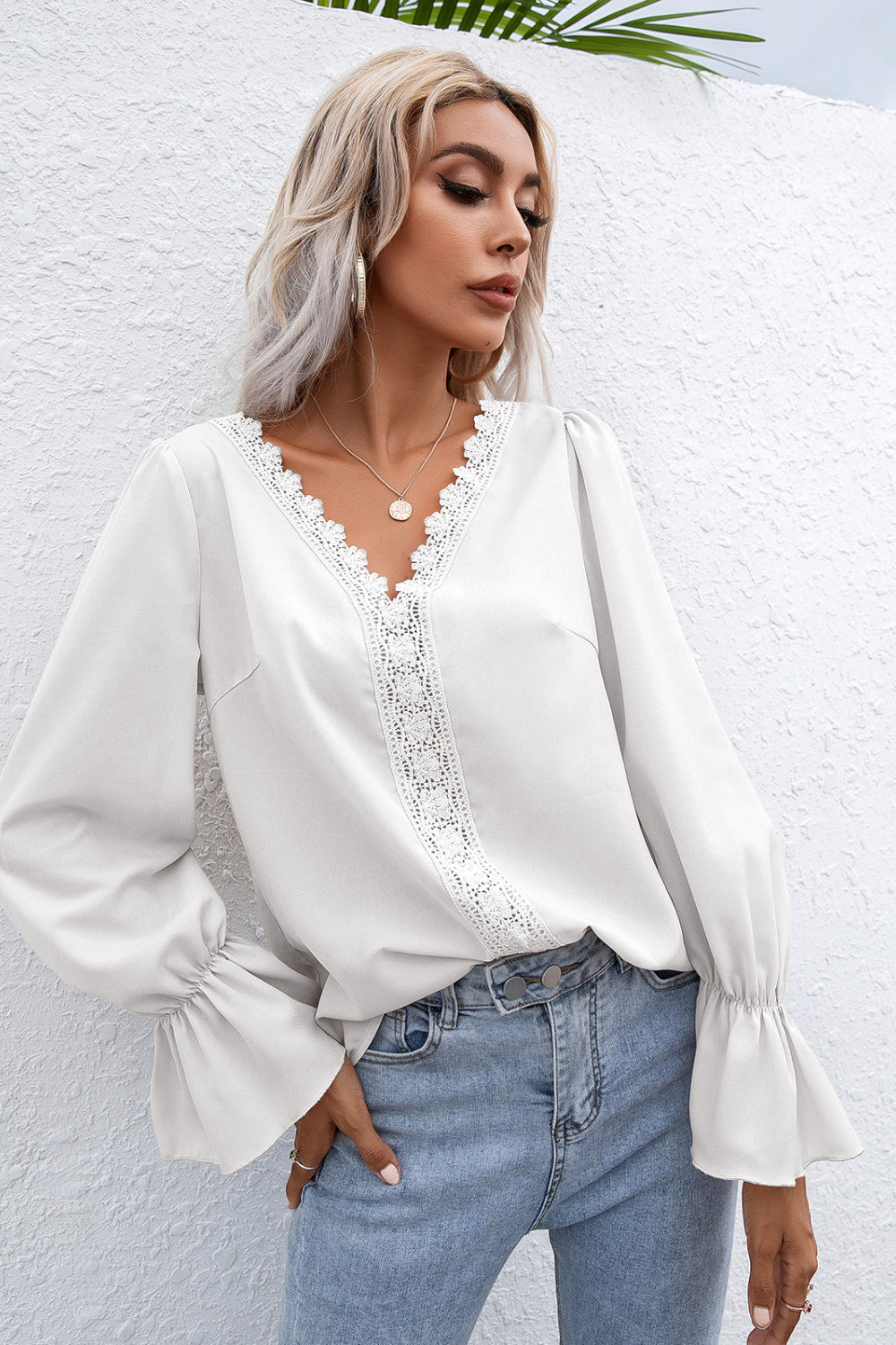 Lace Trim Flounce Sleeve Blouse - Absolute Fashion 2020