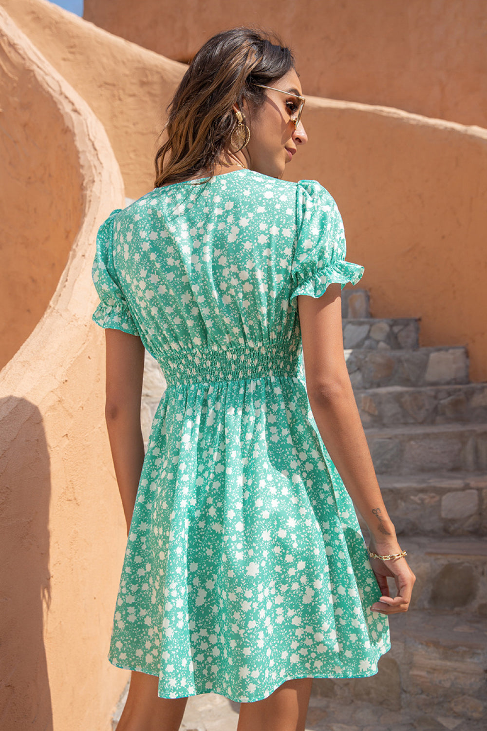 Floral V-Neck Puff Sleeve Dress - Absolute Fashion 2020