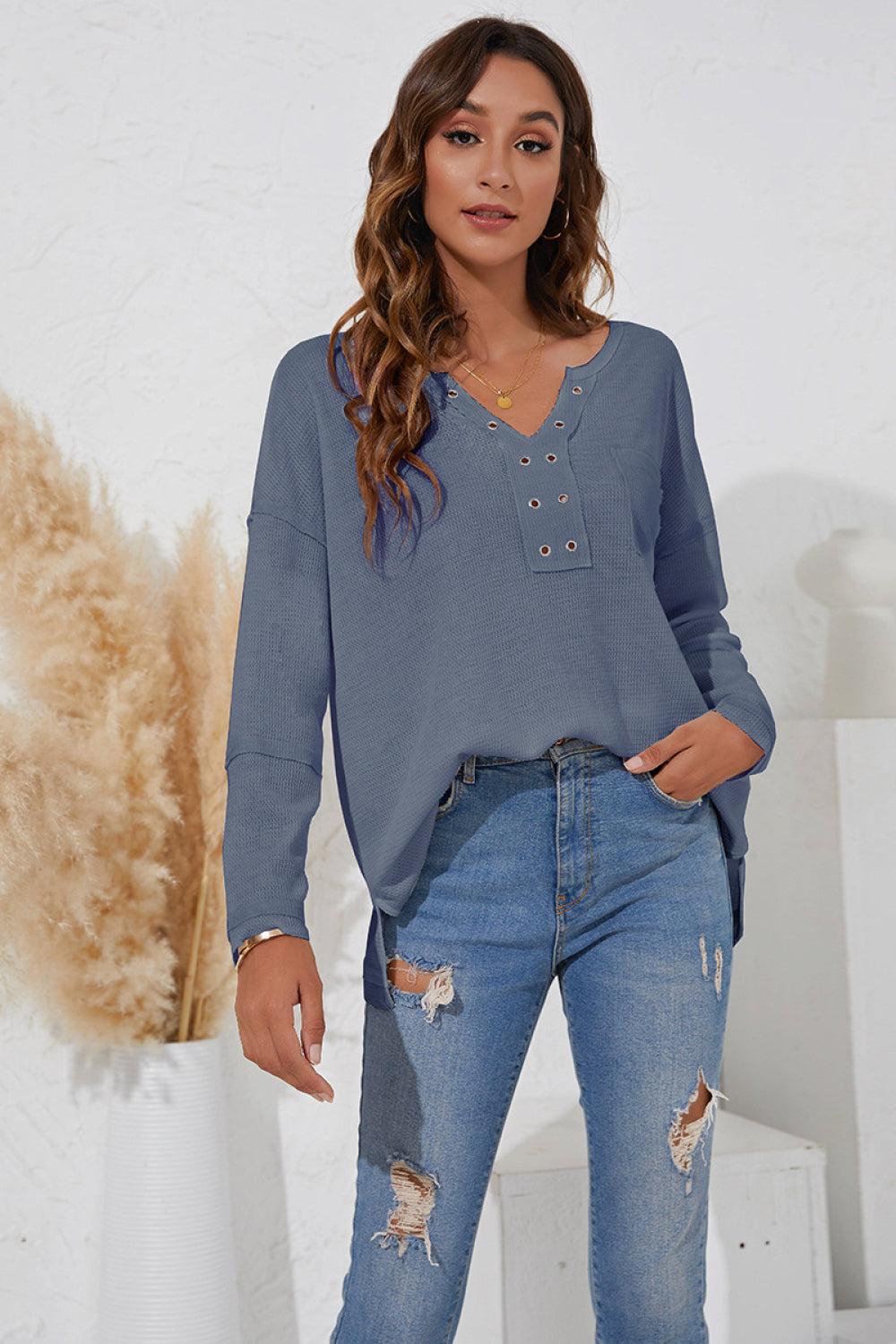 Eyelet Pocket V-Neck Top - Absolute Fashion 2020