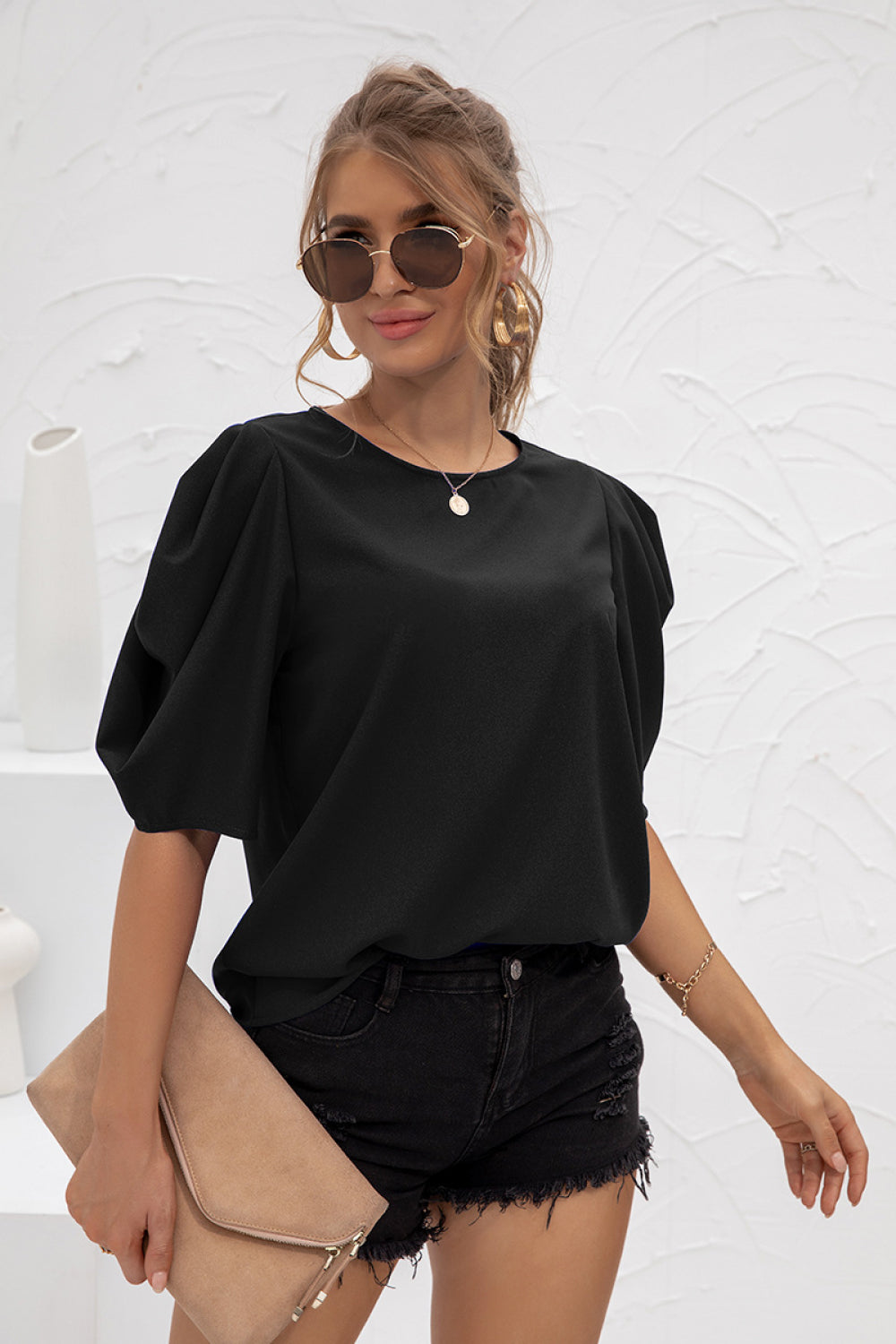 Puff Sleeve Round Neck Chiffon Top - Absolute Fashion 2020