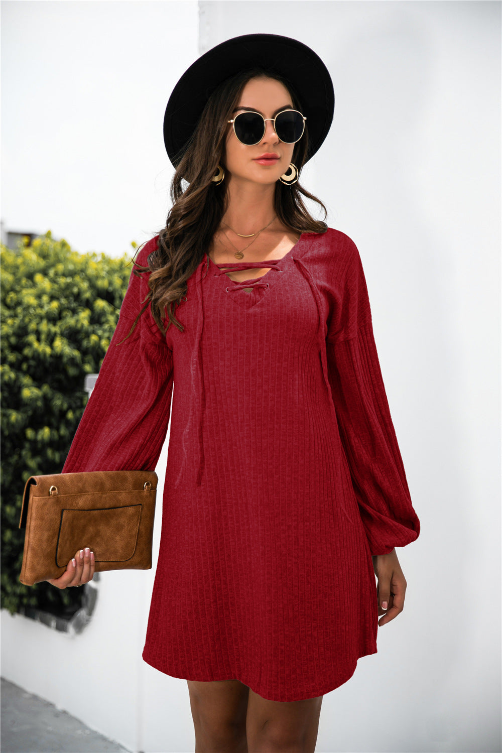 Balloon Sleeve Crisscross Detail Knit Dress - Absolute Fashion 2020