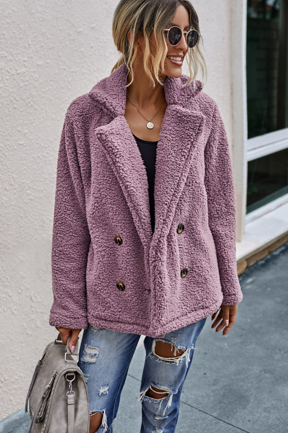 Double Button Lapel Collar Teddy Coat - Absolute Fashion 2020