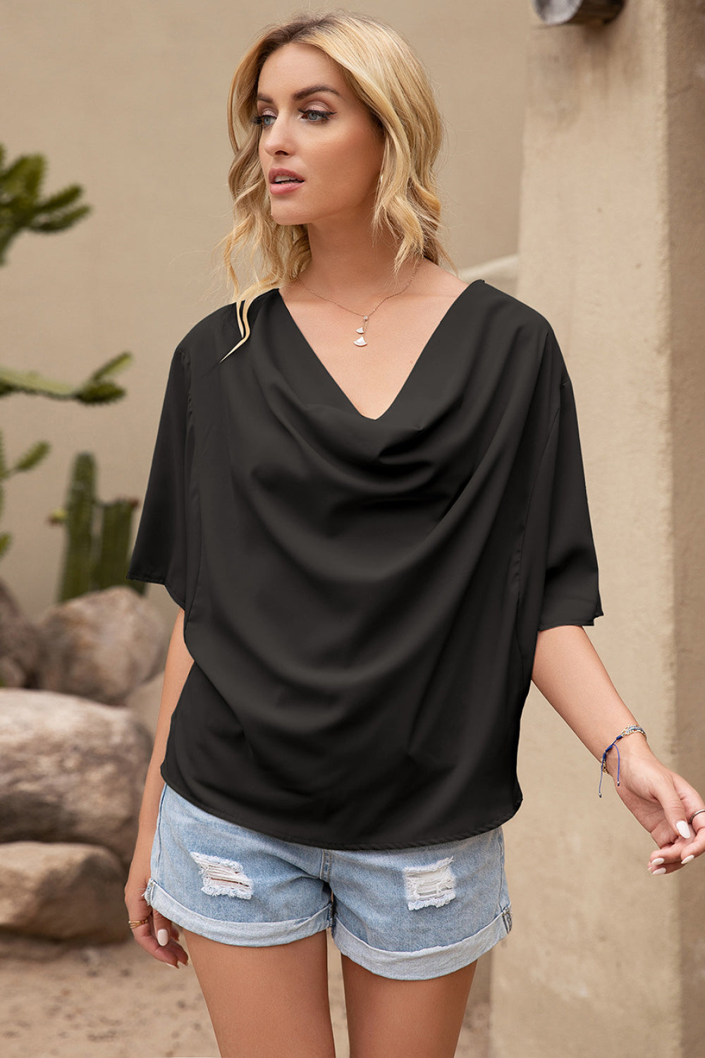 Draped Neck Bating Sleeve Top - Absolute Fashion 2020