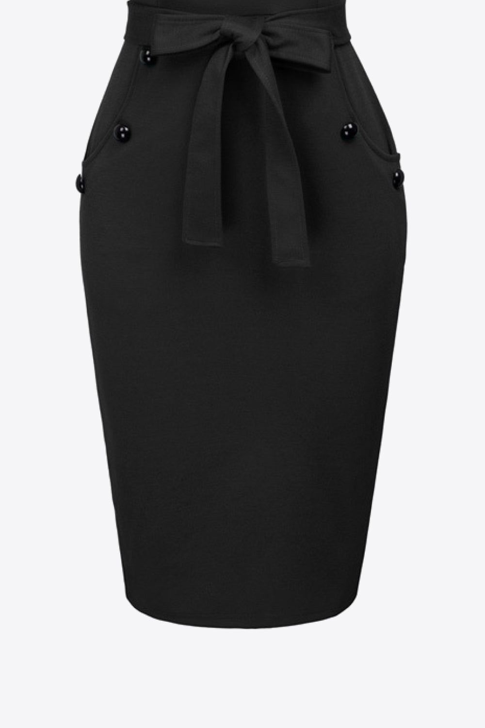 Decorative Button Belted Zip-Back Slit Dress