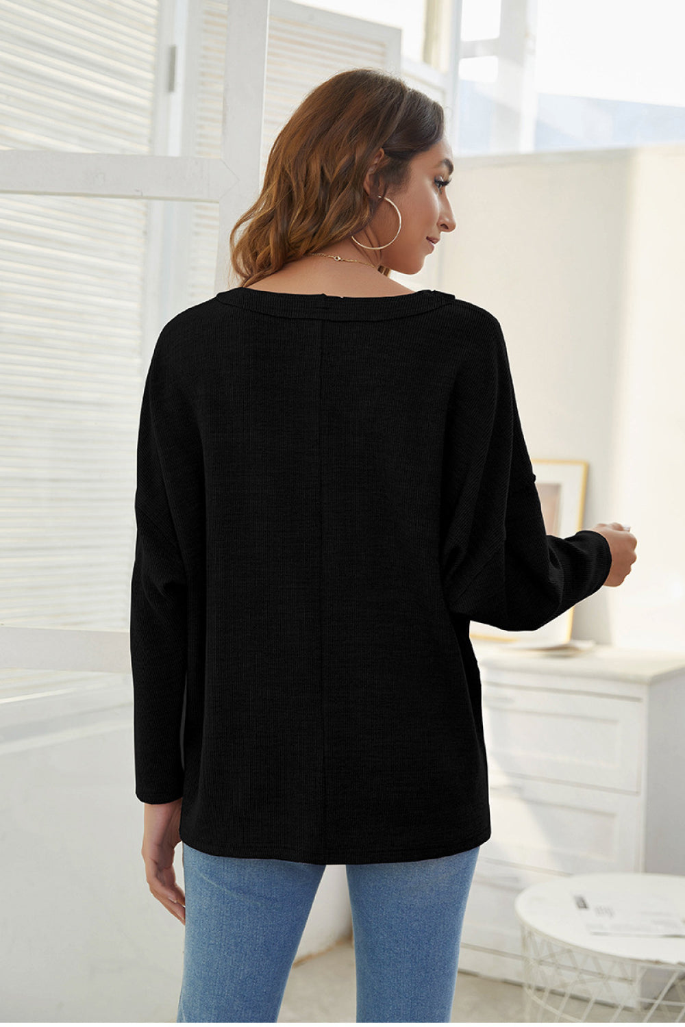 V-Neck Drop Shoulder Long Sleeve Sweater