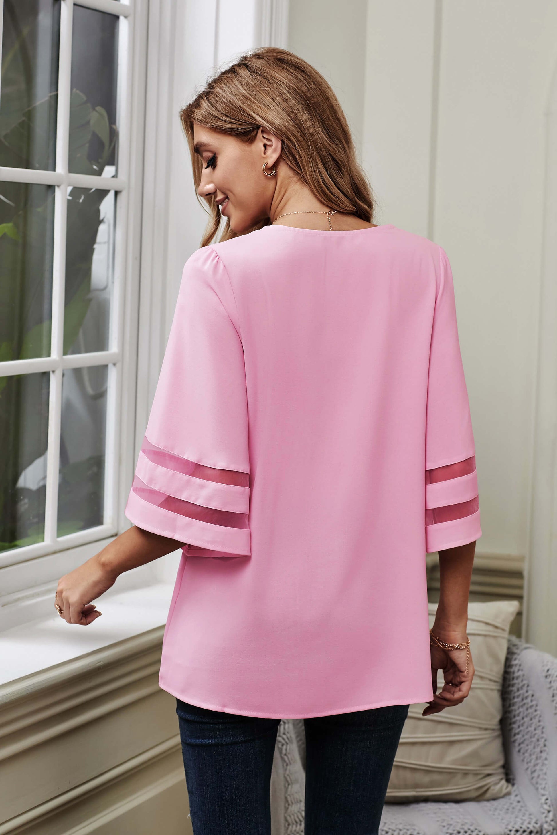 V Lace Neckline 3/4 Bell Mesh Sleeves Blouse - Absolute Fashion 2020