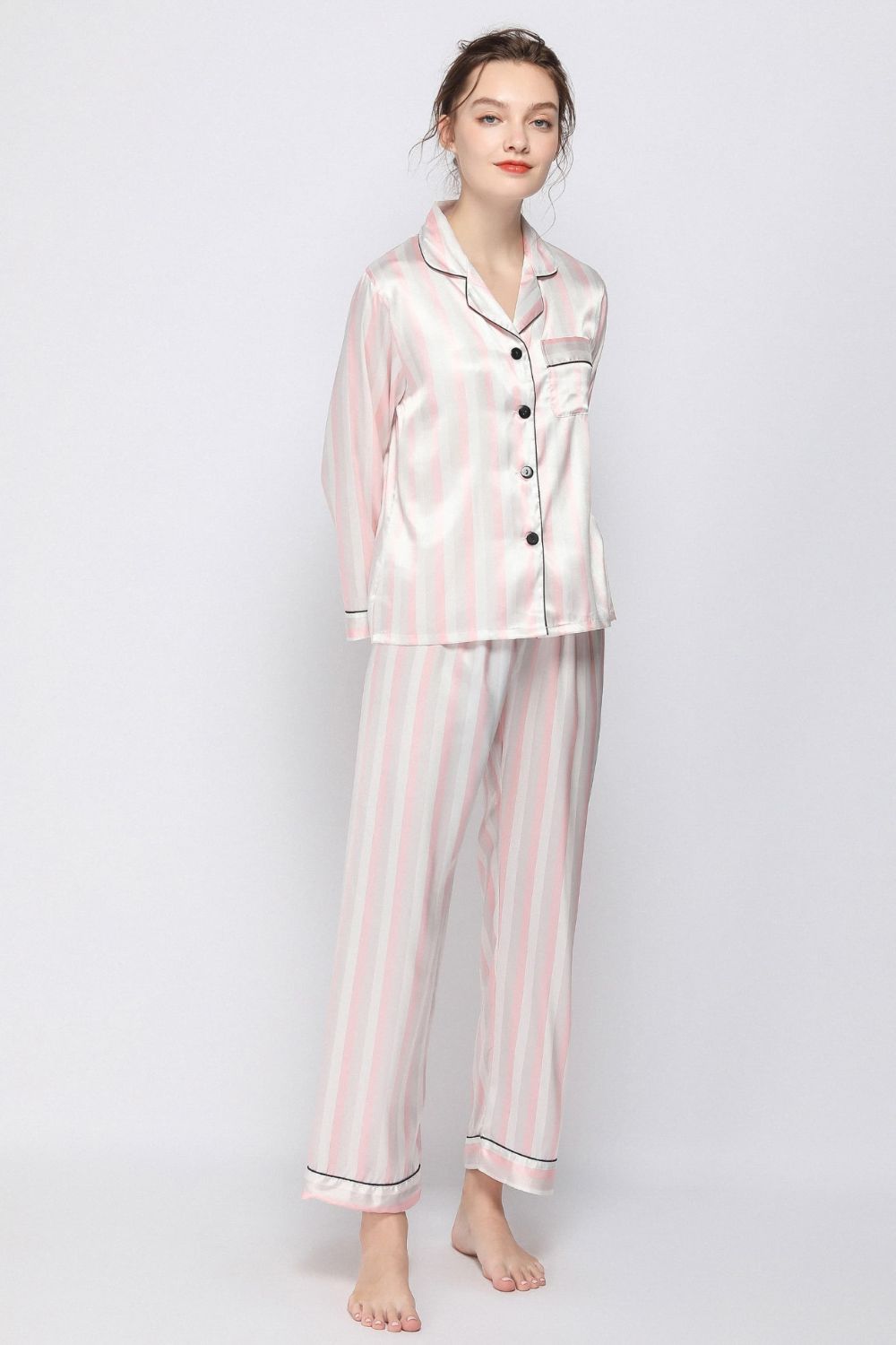 Satin Button-Up Lapel Collar Top and Pants Pajama Set