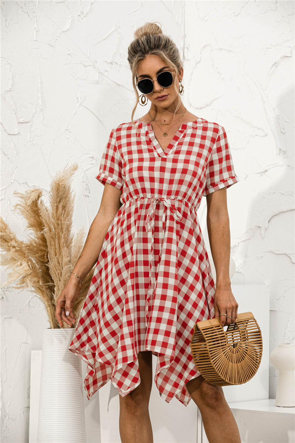 Plaid V-Neck Asymmetrical Trim Dress - Absolute Fashion 2020