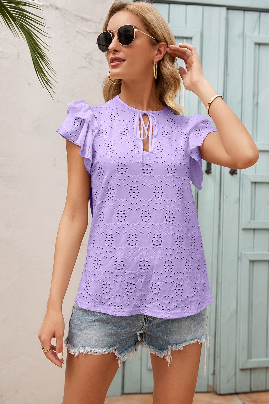 Eyelet Embroidery Tie-Neck Top - Absolute Fashion 2020