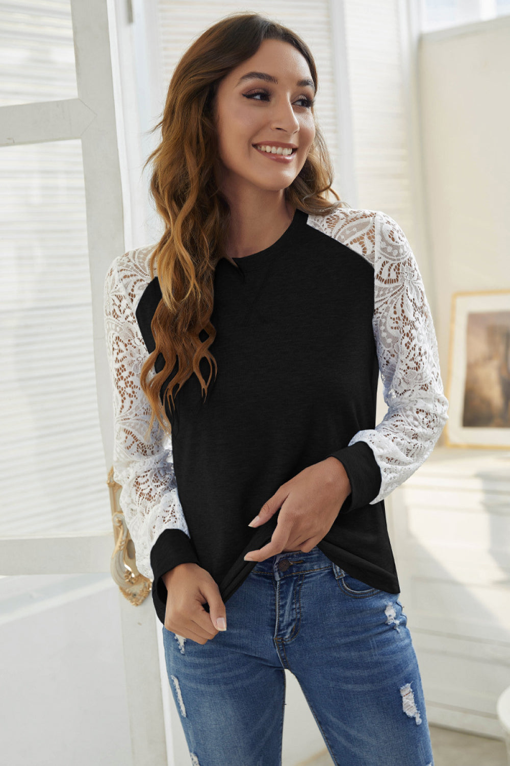 Two-Tone Lace Sleeve Pullover
