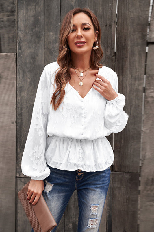 Floral Jacquard Buttoned Long Sleeve Blouse - Absolute Fashion 2020