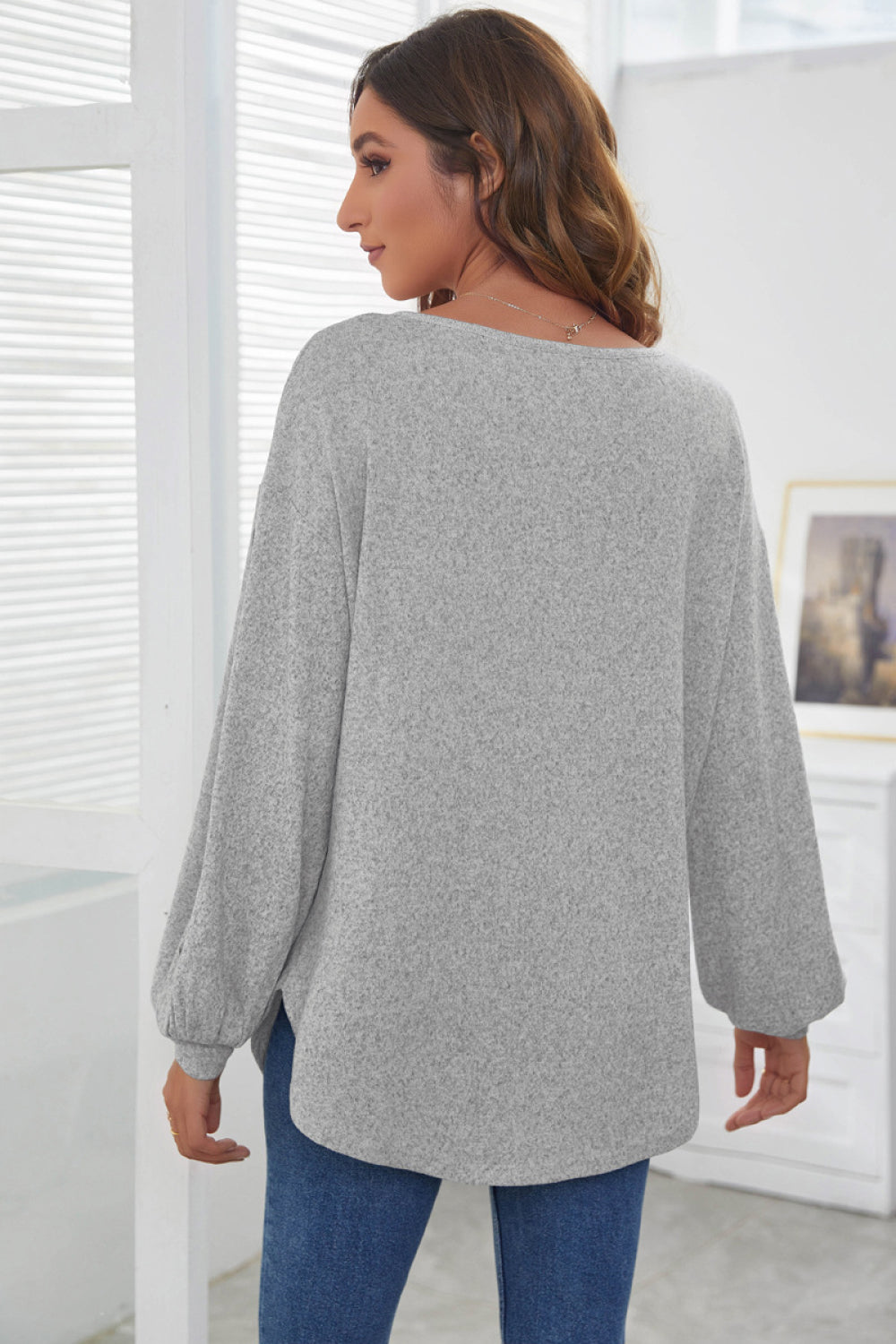 Boat Neck Long Puff Sleeve Top