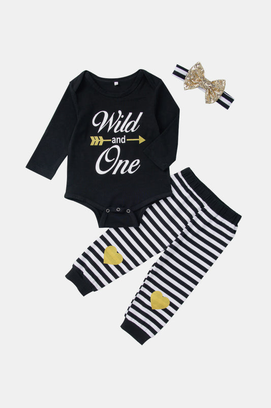 Girls Graphic Solid Onesie and Stripe Pants Set
