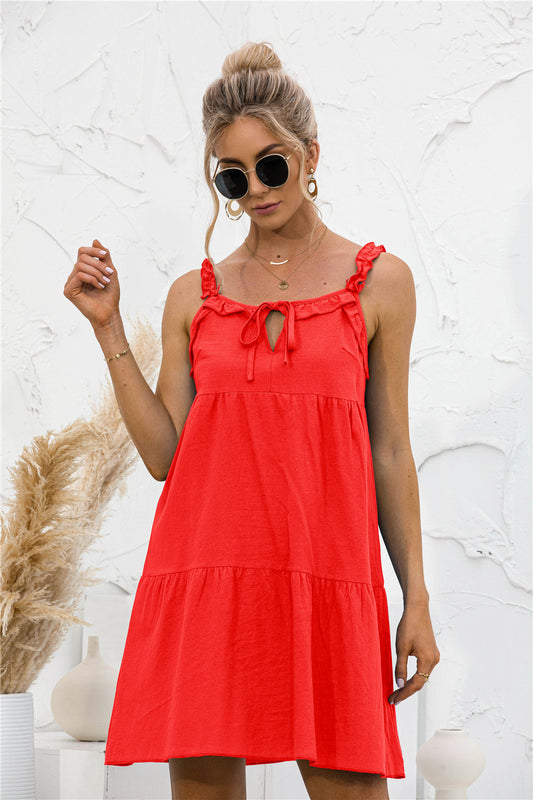 Solid Ruffle Hem Tie Neck Dress - Absolute Fashion 2020