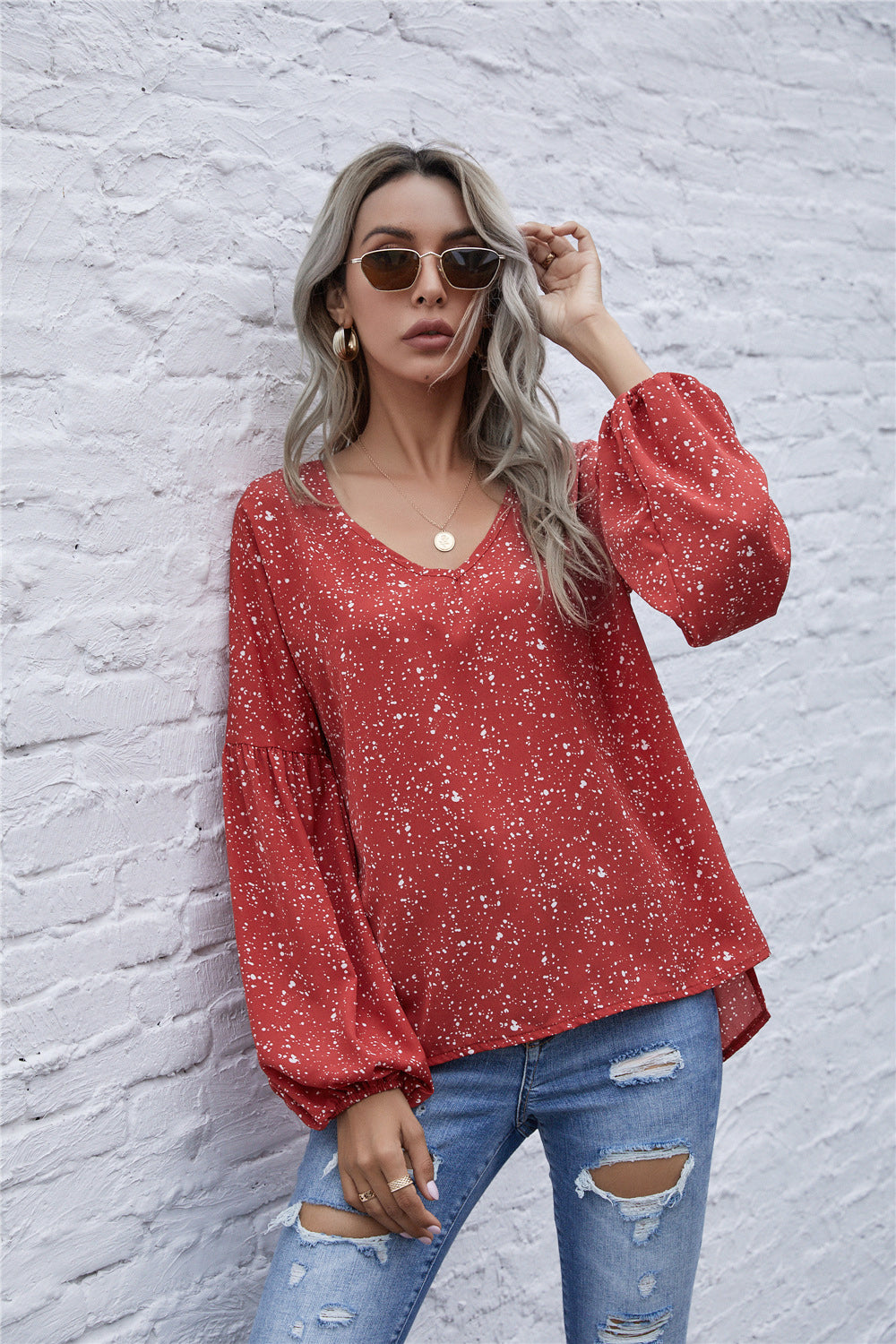 Dot Print Balloon Sleeve Blouse - Absolute Fashion 2020