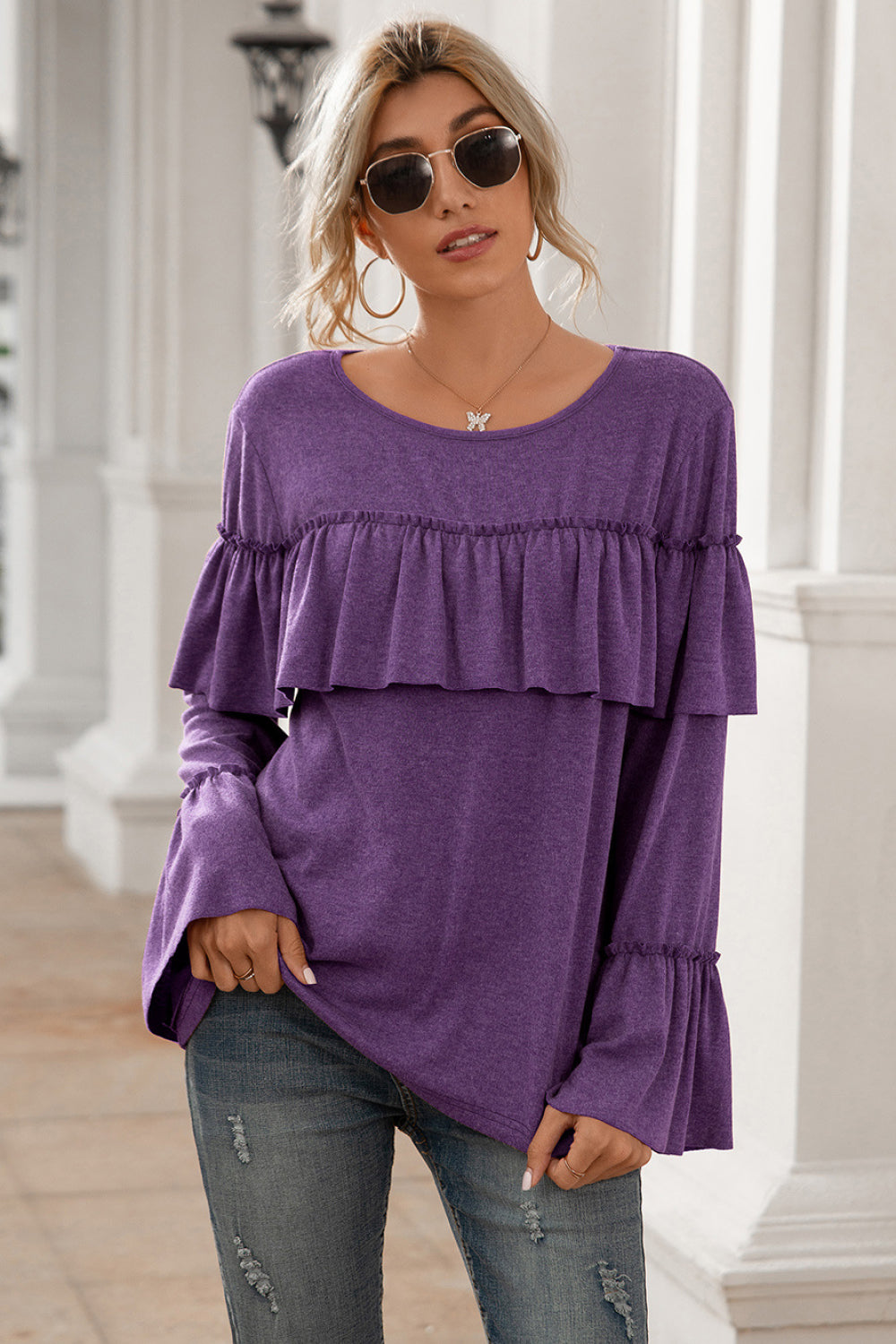 Flounce Sleeve Ruffle Trim Top - Absolute Fashion 2020