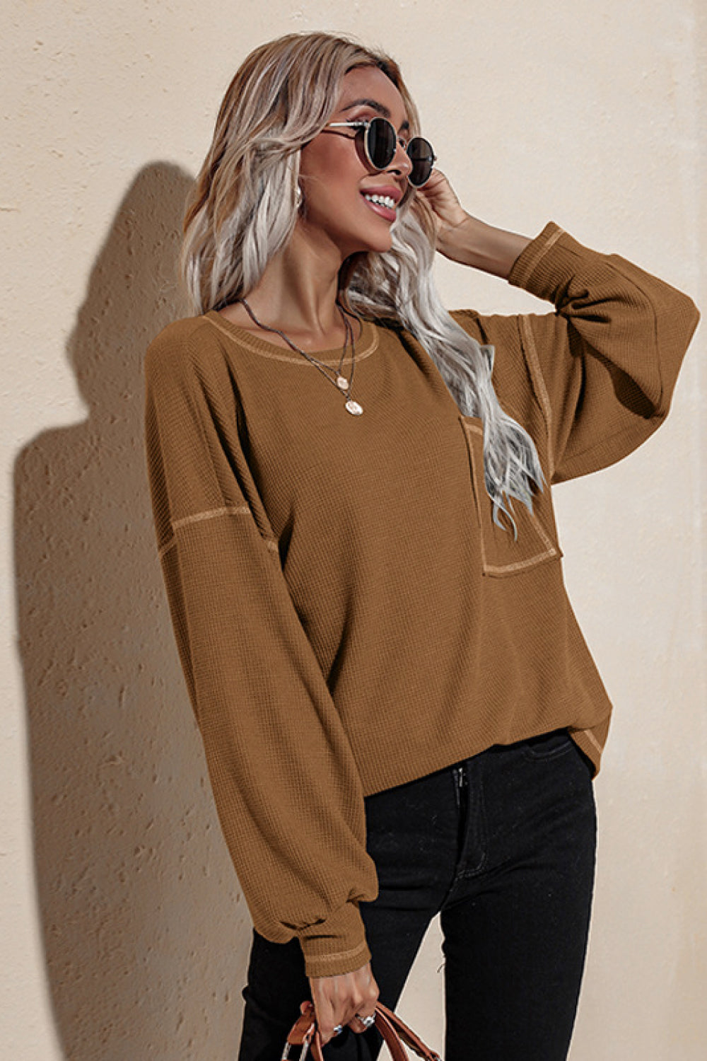 Contrast binding Drop Shoulder Waffle Top