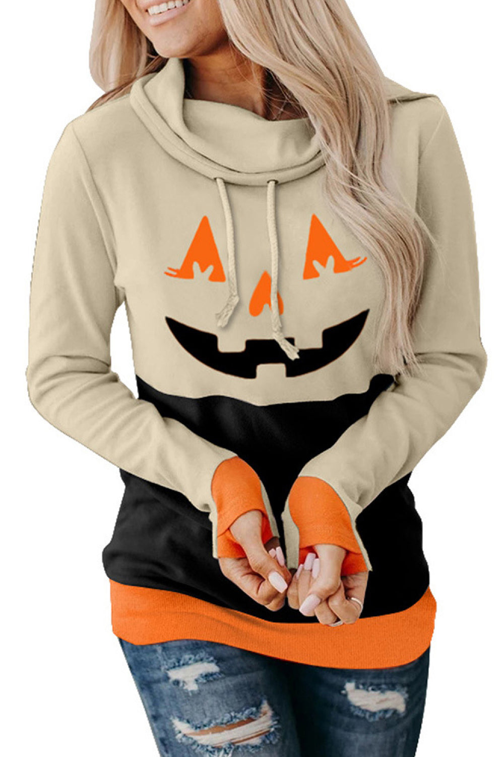 Halloween Print Color Block Drawstring Sweatshirt - Absolute Fashion 2020