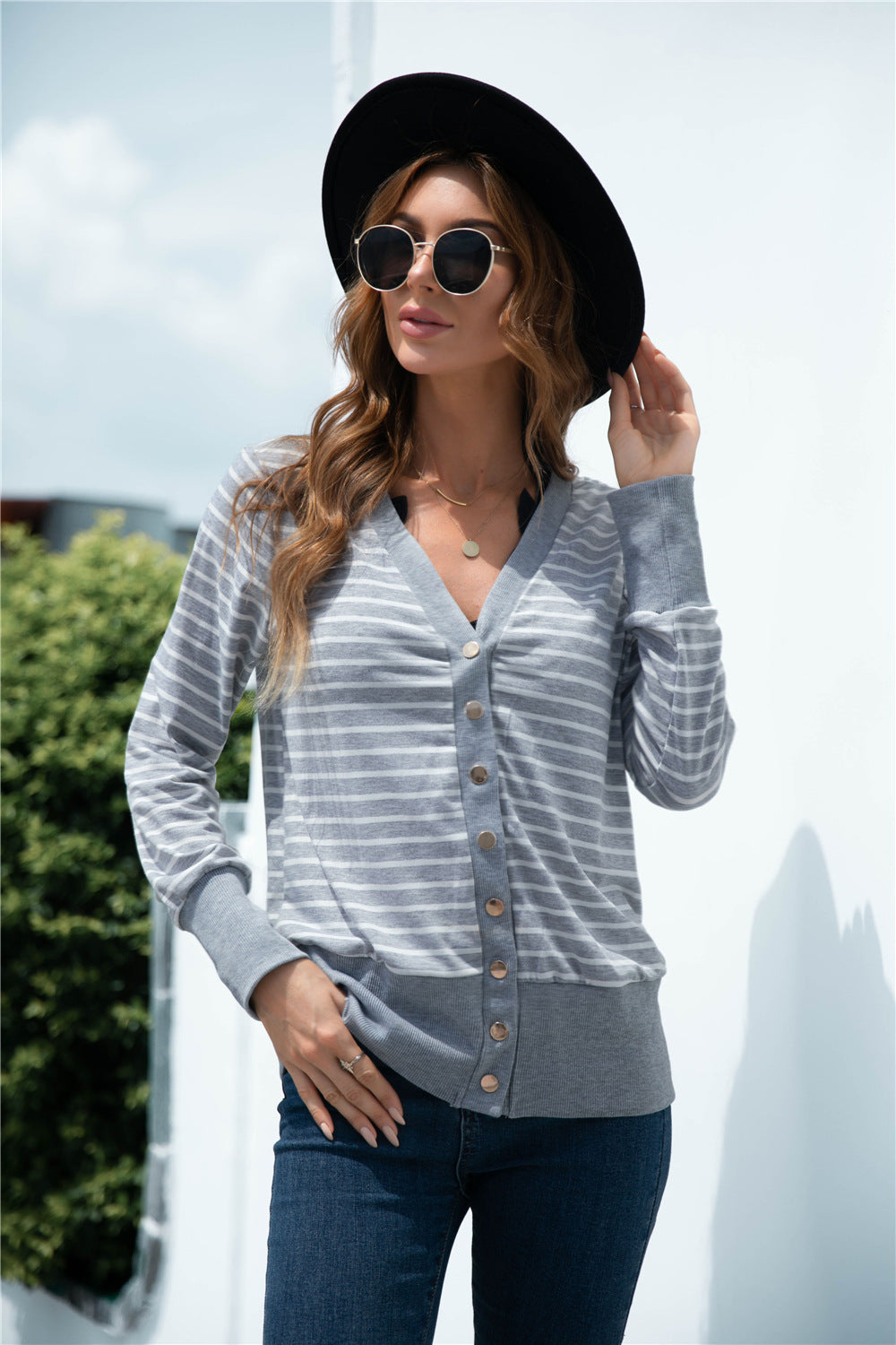 Striped Button Up V-neck Cardigan - Absolute Fashion 2020