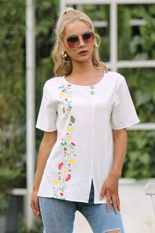 Floral Short Sleeve Slit Top