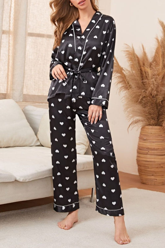 Heart Print Belted Top and Pants Pajama Set